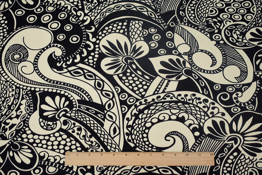 Black-Ivory Abstract Baroque Printed Stretch Silk Jersey Knit Fabric
