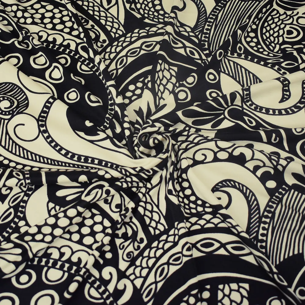 Black-Ivory Abstract Baroque Printed Stretch Silk Jersey Knit Fabric