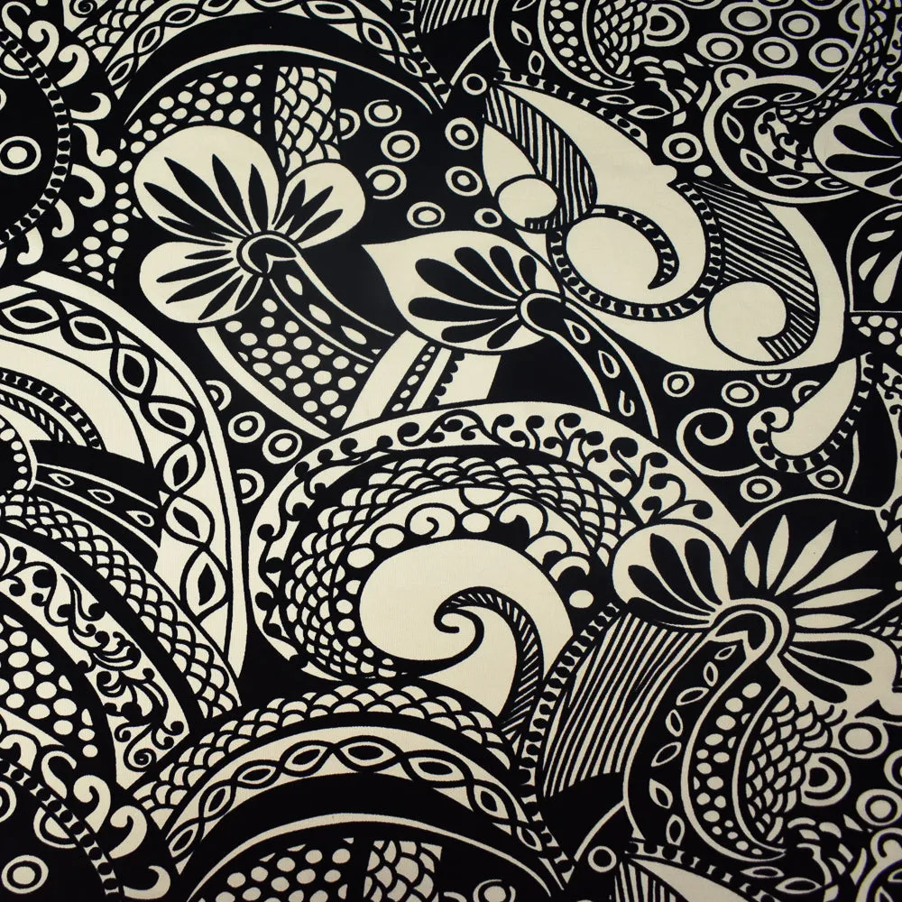 Black-Ivory Abstract Baroque Printed Stretch Silk Jersey Knit Fabric