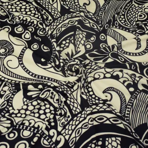 Black-Ivory Abstract Baroque Printed Stretch Silk Jersey Knit Fabric