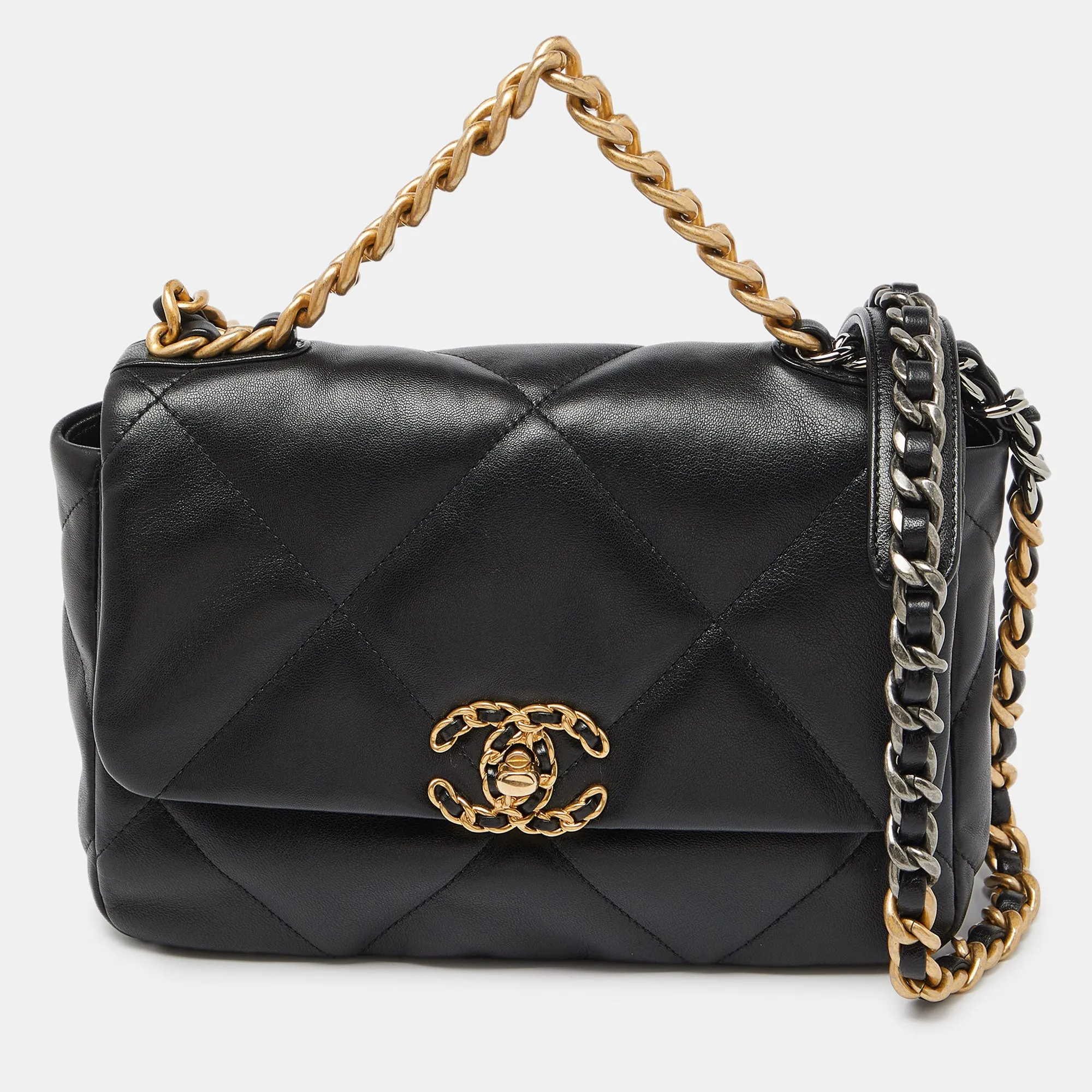 Black Quilted Leather Small 19 Flap Bag
