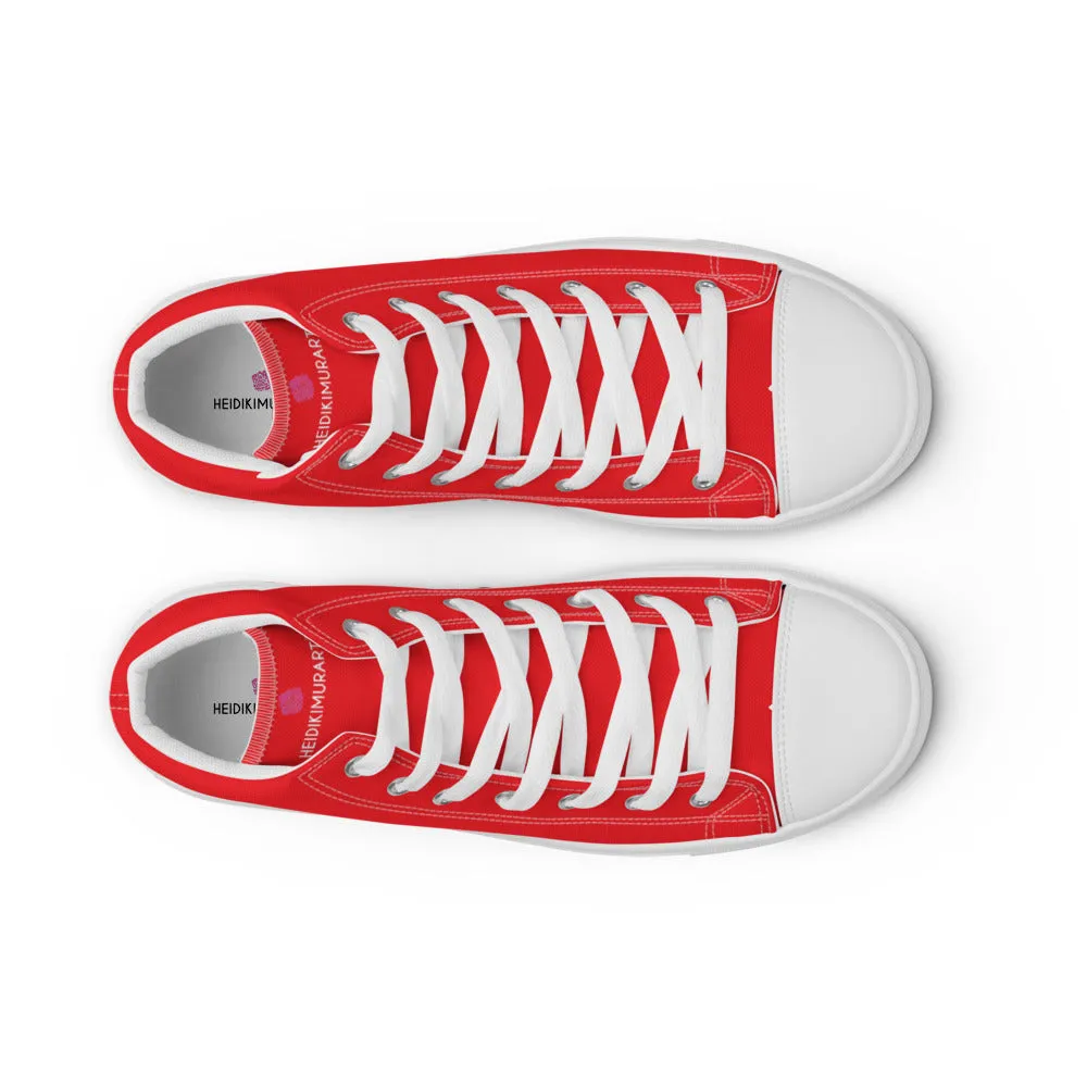 Bright Red Men's High Tops, Solid Red Color Men’s High Top Sneakers Canvas Tennis Shoes With White Laces and Faux Leather Toe Caps (US Size: 5-13)