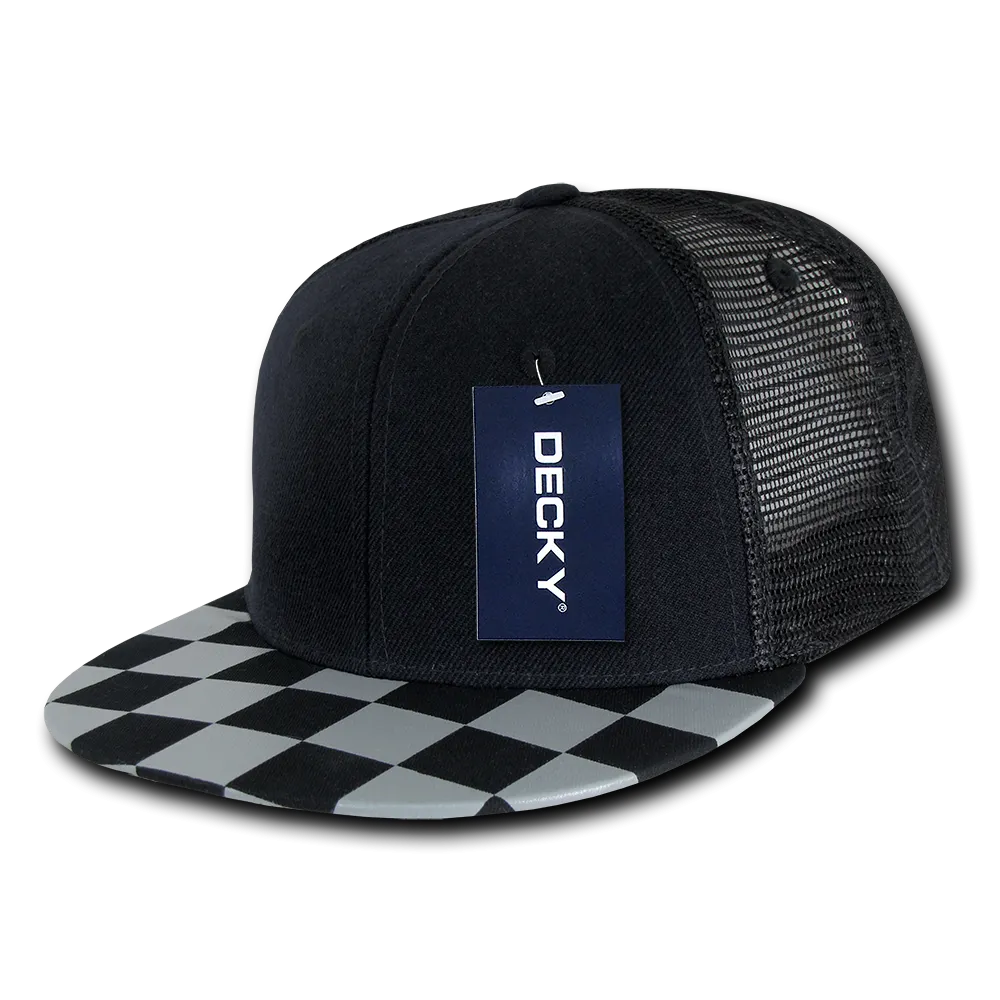 Decky 1085 Checker Bill Trucker Snapback Hat, Flat Bill Check Pattern Cap