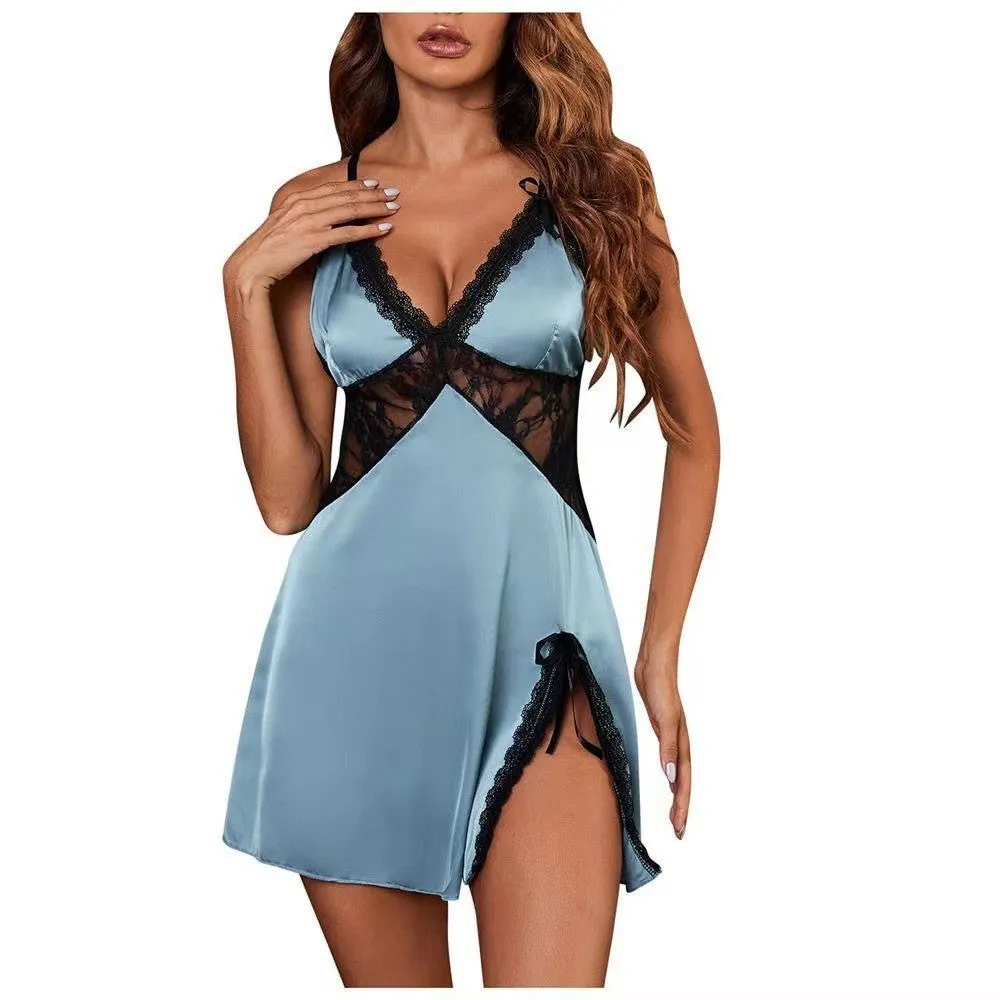 Elkaliy Valentines women's underwear silk satin lace pajamas V-neck Chemise transparent pajamas