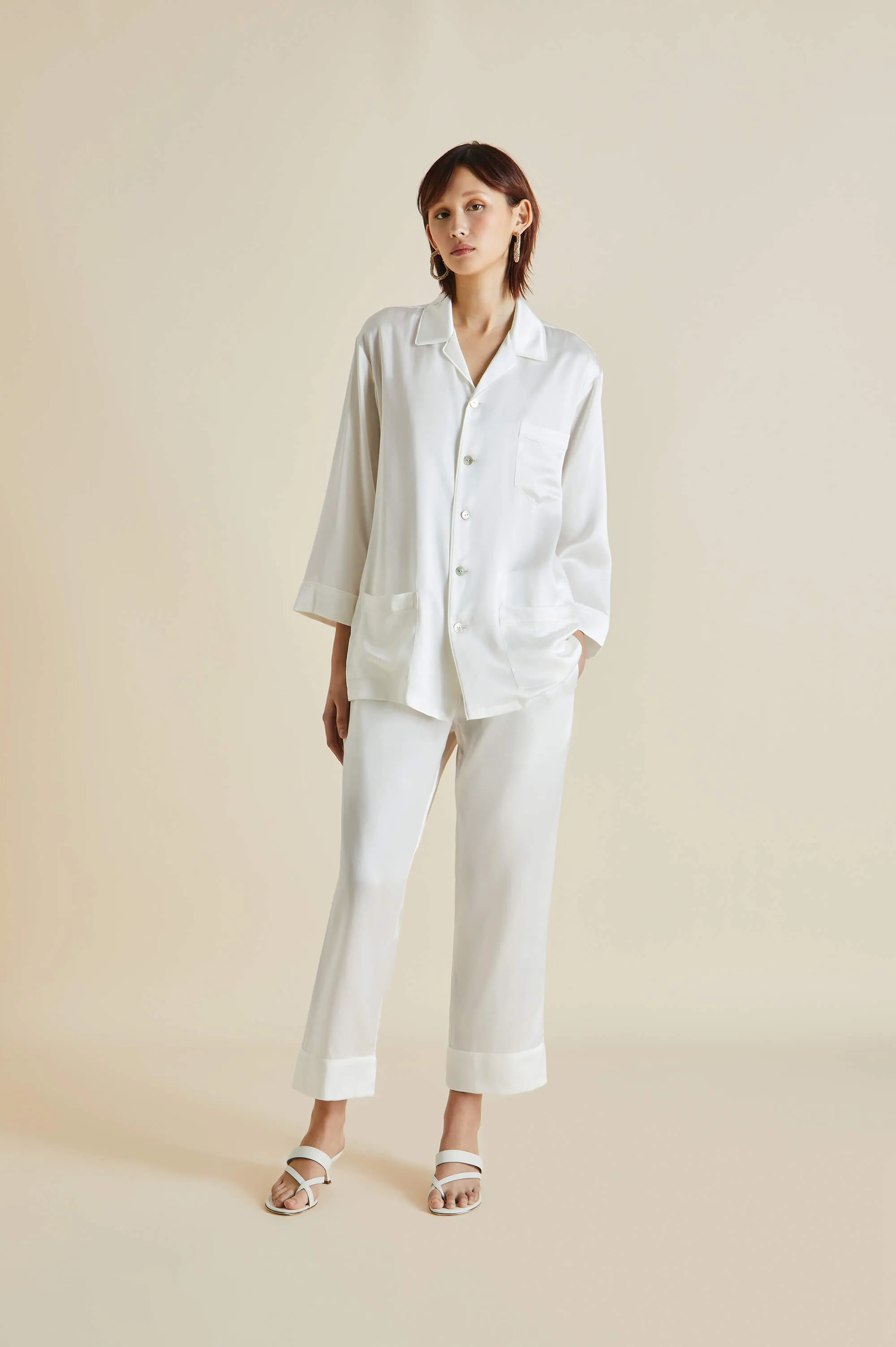 Fifi Ivory White Pajamas in Silk Satin