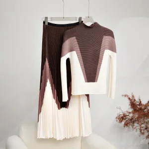 Geometric Colorblock Long Sleeve Print Top   Matching Maxi Skirt 2-Piece Set