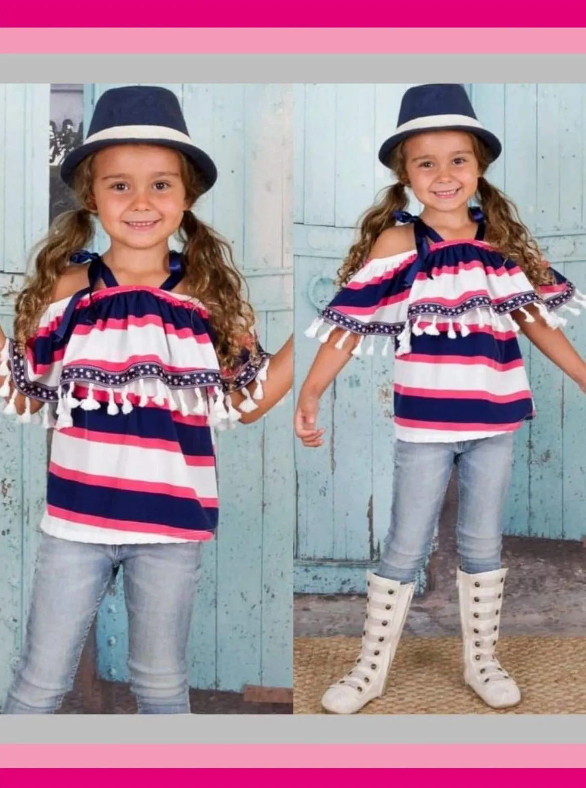 Girls Ivory/Coral/Navy Striped Ruffle Peasant Top w Tassel Trim