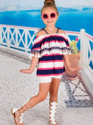 Girls Ivory/Coral/Navy Striped Ruffle Peasant Top w Tassel Trim