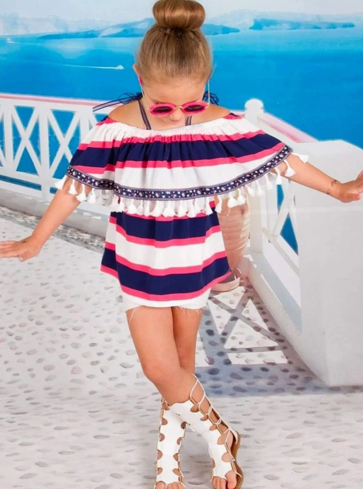 Girls Ivory/Coral/Navy Striped Ruffle Peasant Top w Tassel Trim