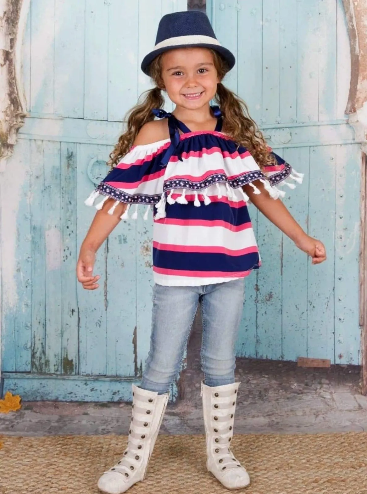 Girls Ivory/Coral/Navy Striped Ruffle Peasant Top w Tassel Trim