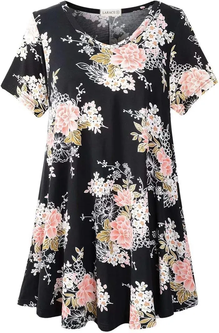 LARACE Casual Tops for Womens Summer Clothes Loose Fit Short Sleeve Shirts Flowy V Neck Tunic Plus Size Blouse