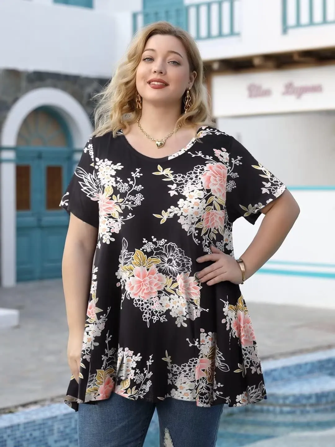 LARACE Casual Tops for Womens Summer Clothes Loose Fit Short Sleeve Shirts Flowy V Neck Tunic Plus Size Blouse