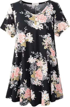 LARACE Casual Tops for Womens Summer Clothes Loose Fit Short Sleeve Shirts Flowy V Neck Tunic Plus Size Blouse
