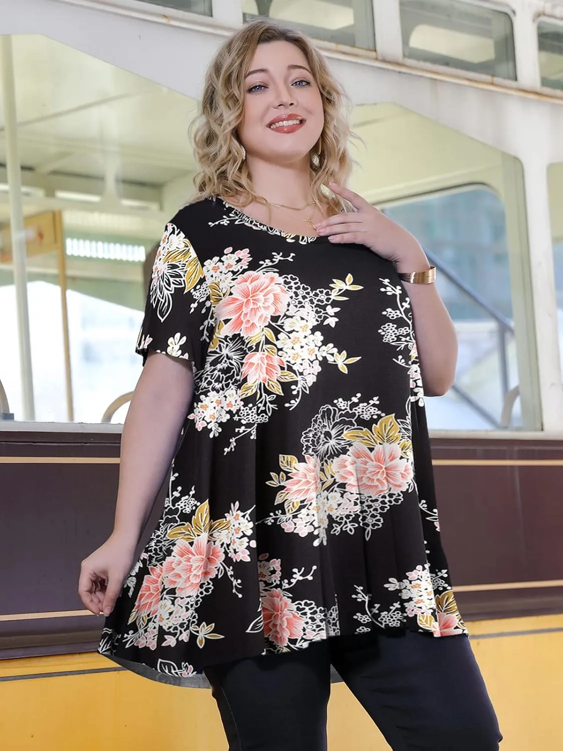 LARACE Casual Tops for Womens Summer Clothes Loose Fit Short Sleeve Shirts Flowy V Neck Tunic Plus Size Blouse