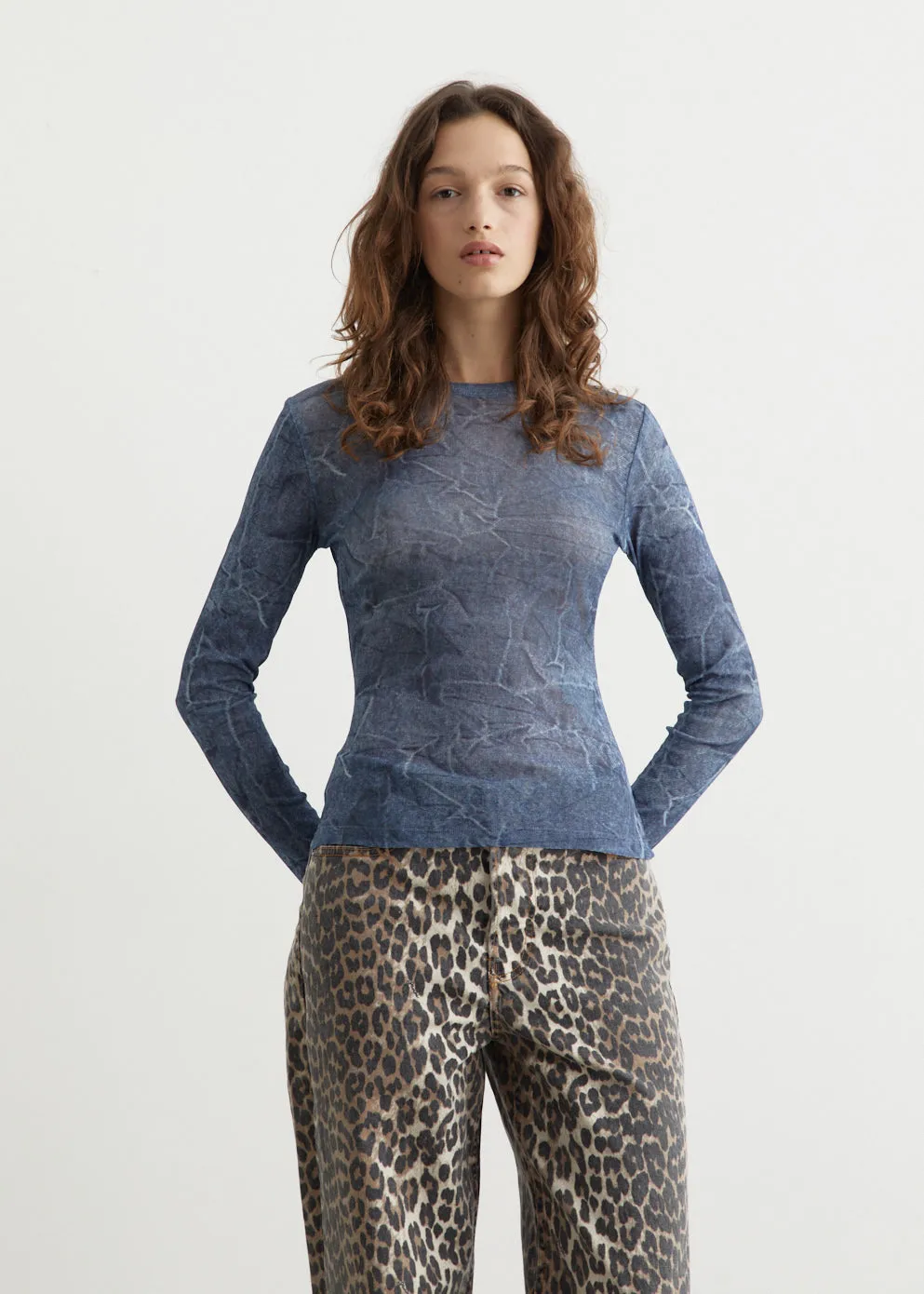 Marl Mesh Long Sleeve Crew Neck Blouse