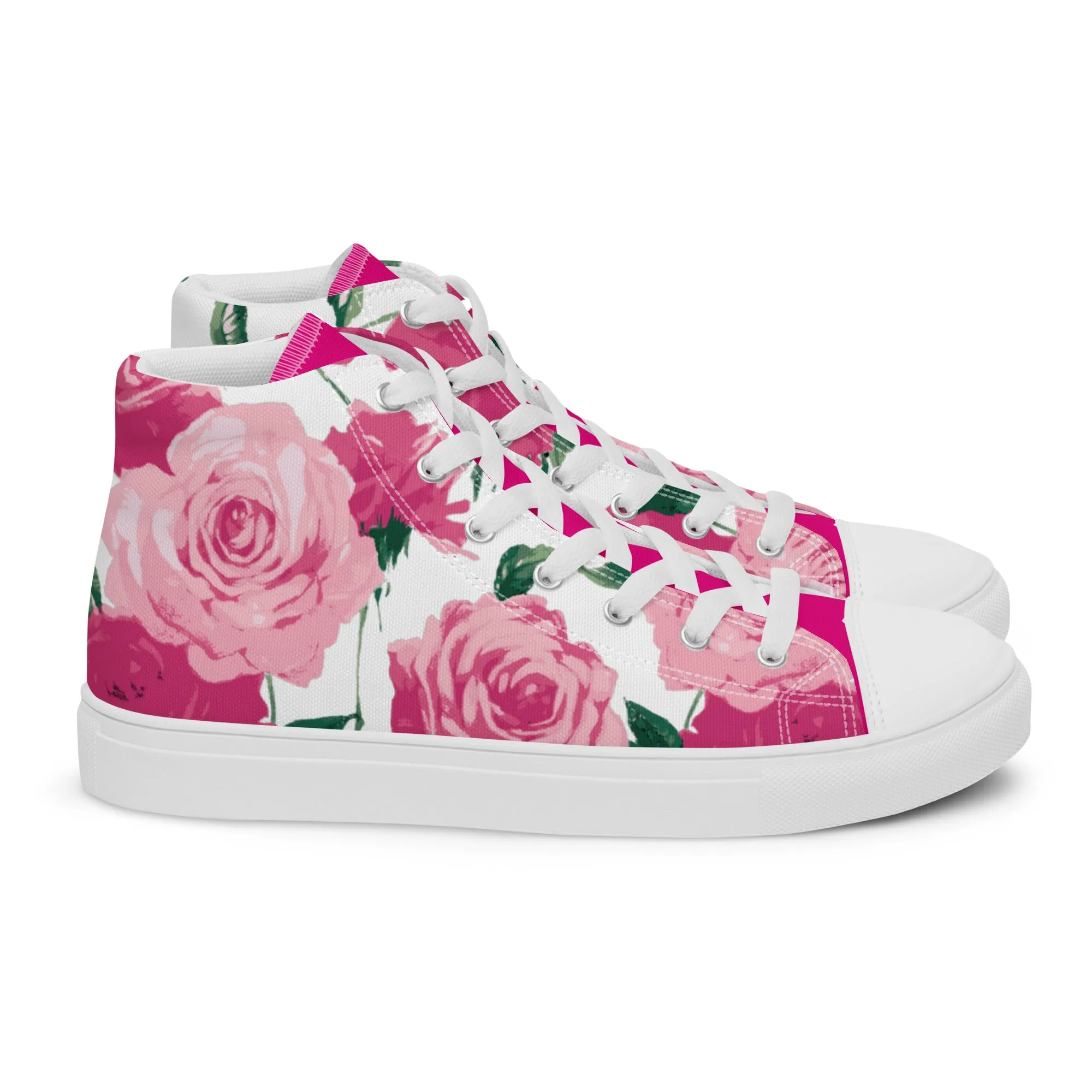 Pink Rose Women's High Top Canvas Sneakers (White)