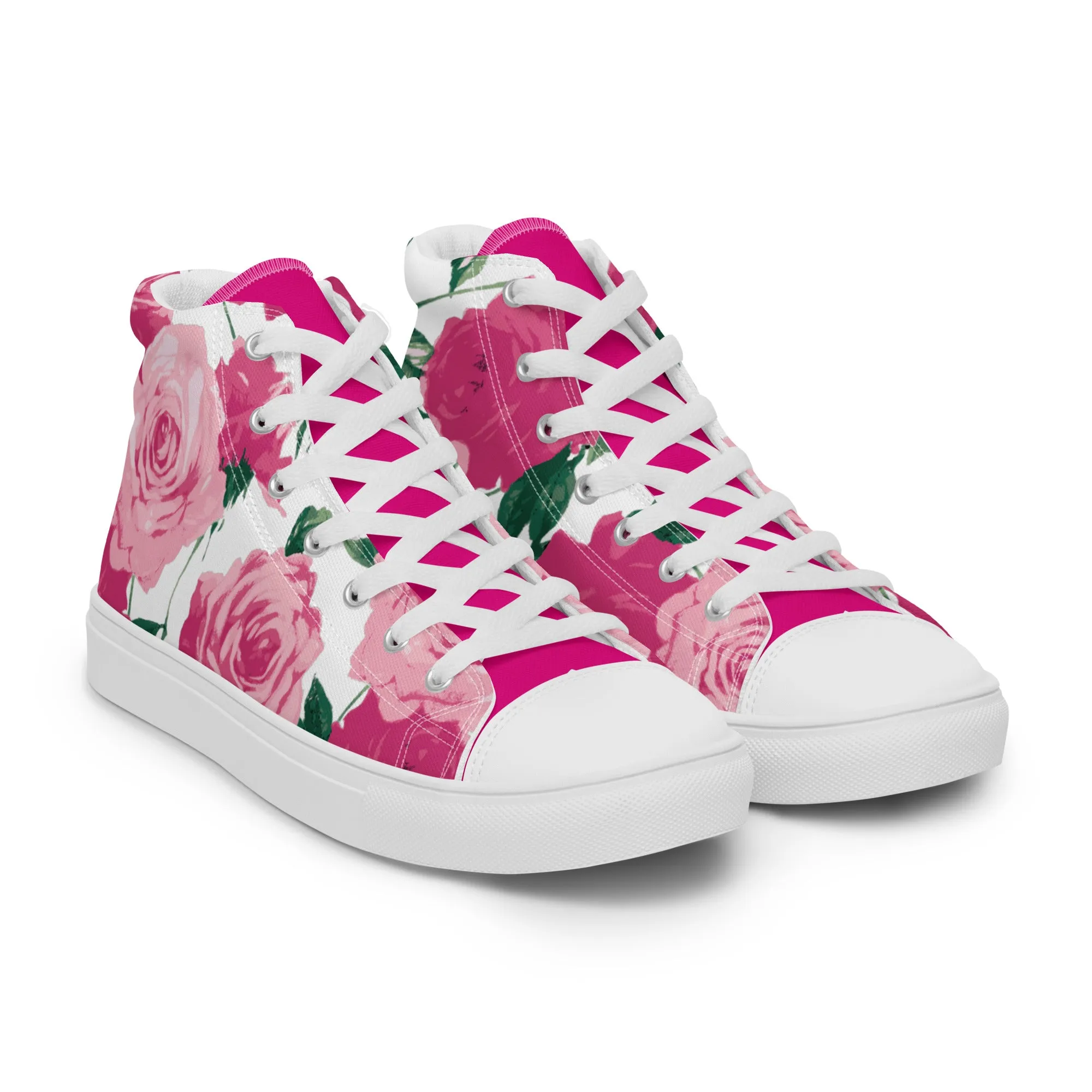 Pink Rose Women's High Top Canvas Sneakers (White)