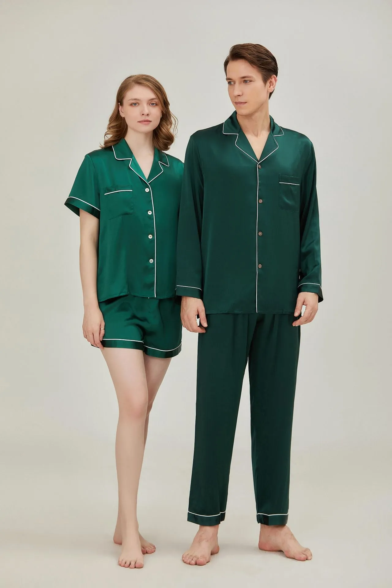 Pure Silk  Green  Color Classic Couple Pajamas