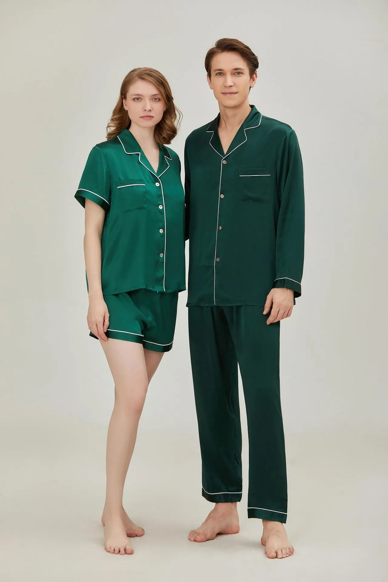 Pure Silk  Green  Color Classic Couple Pajamas