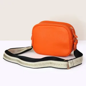 Vegan Leather Camera Bag With Patterned Strap | Orange