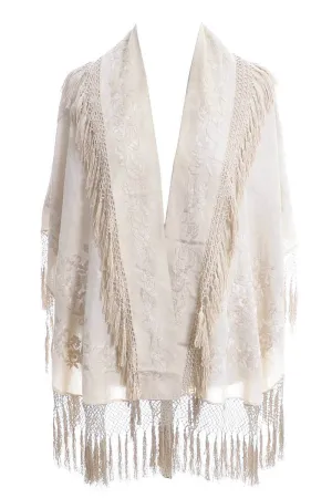 Vintage Edwardian Ivory Silk Shawl with Fringe