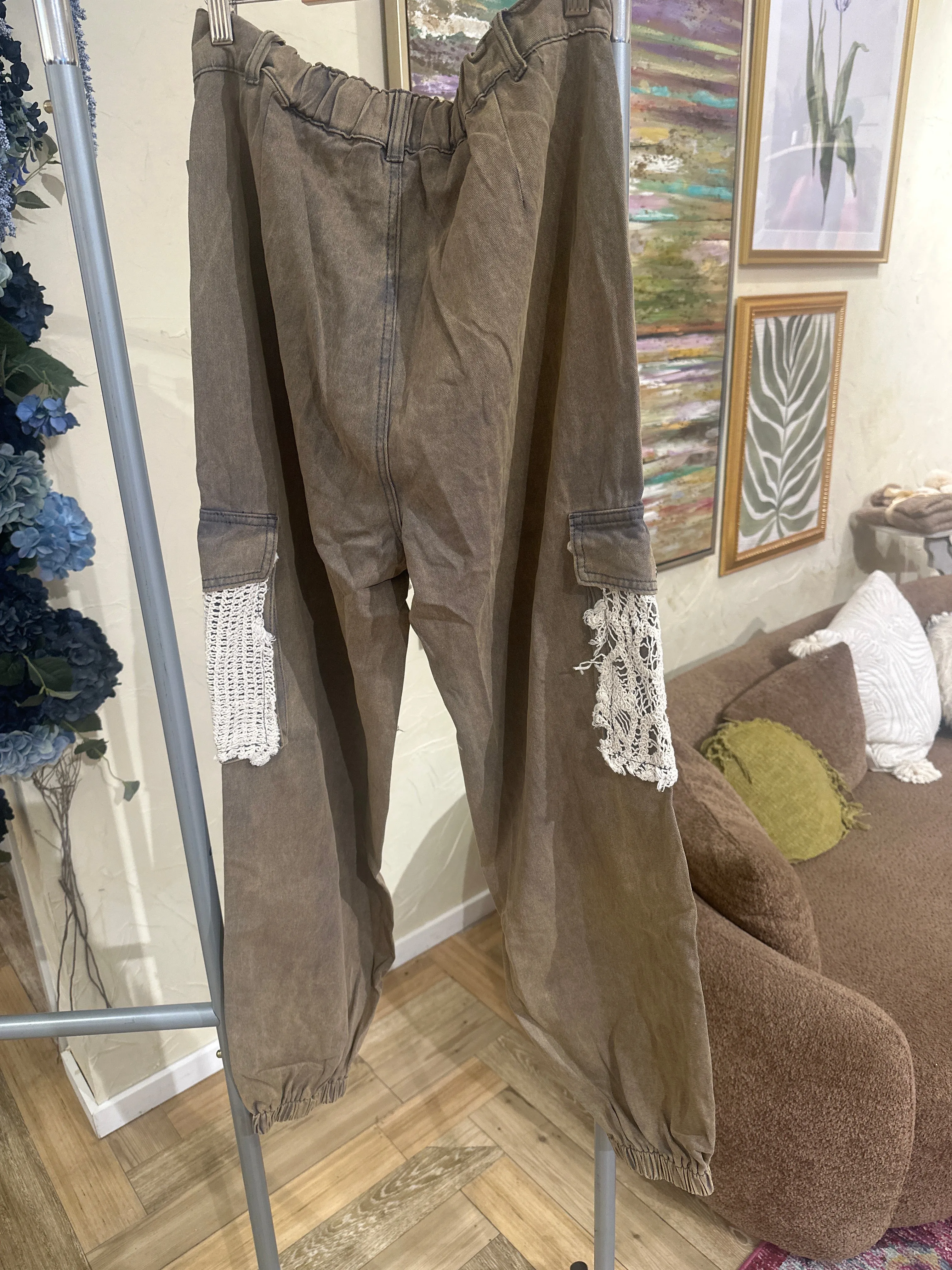 Vintage wash crochet patches distress jogger pants By Pol