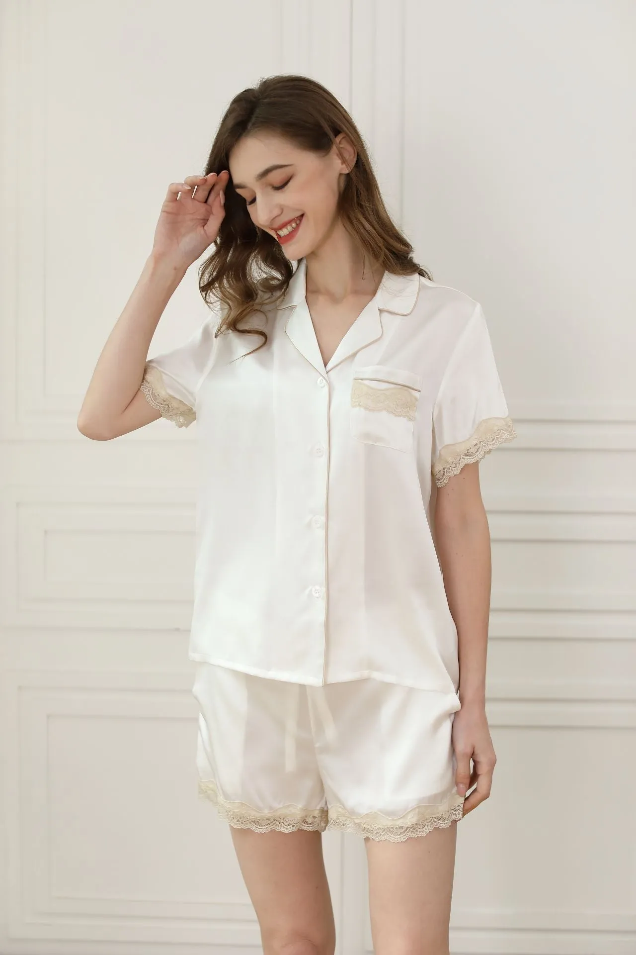 Women Silk Lace Short Sleeve Pajama Set