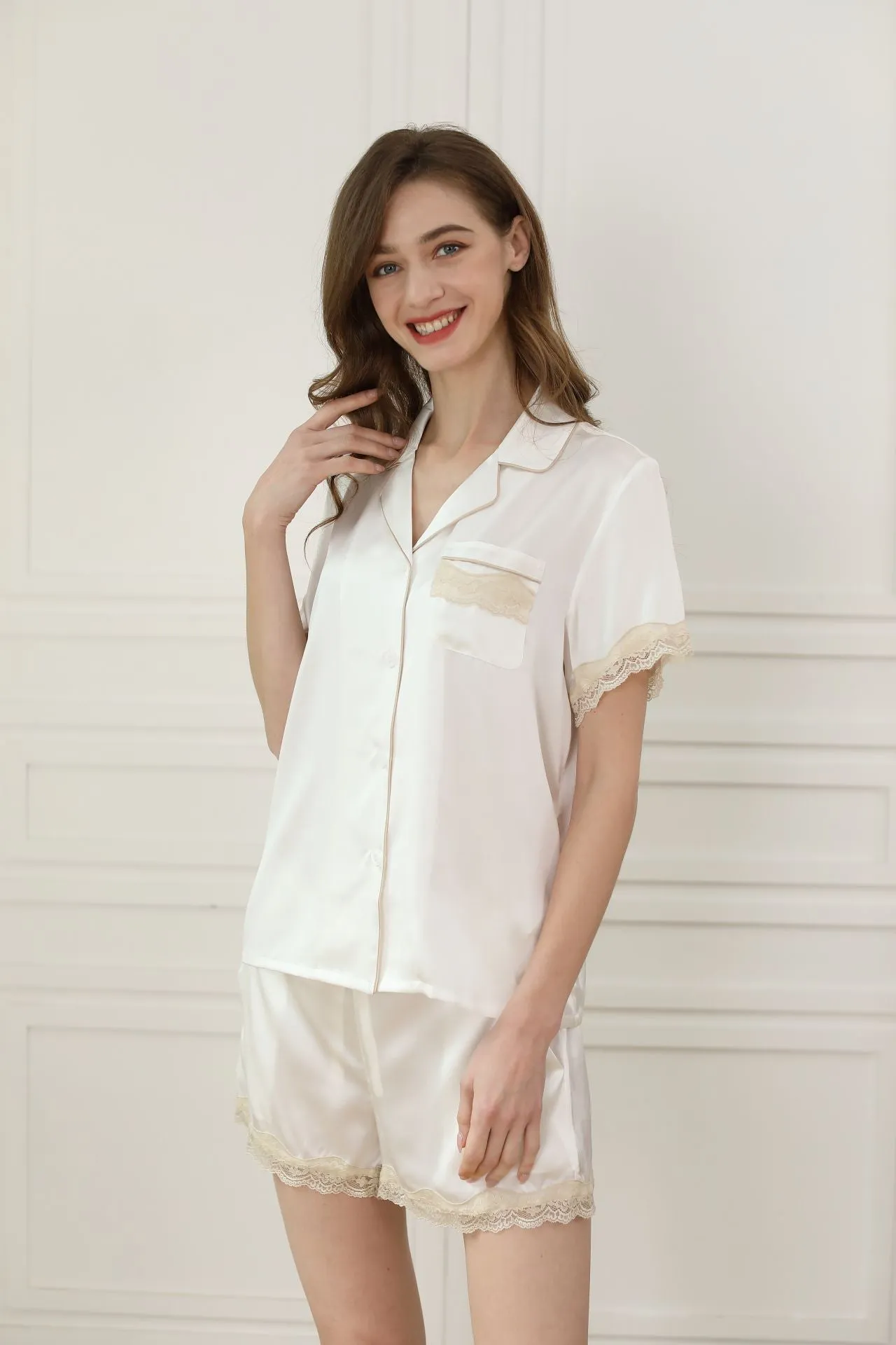 Women Silk Lace Short Sleeve Pajama Set