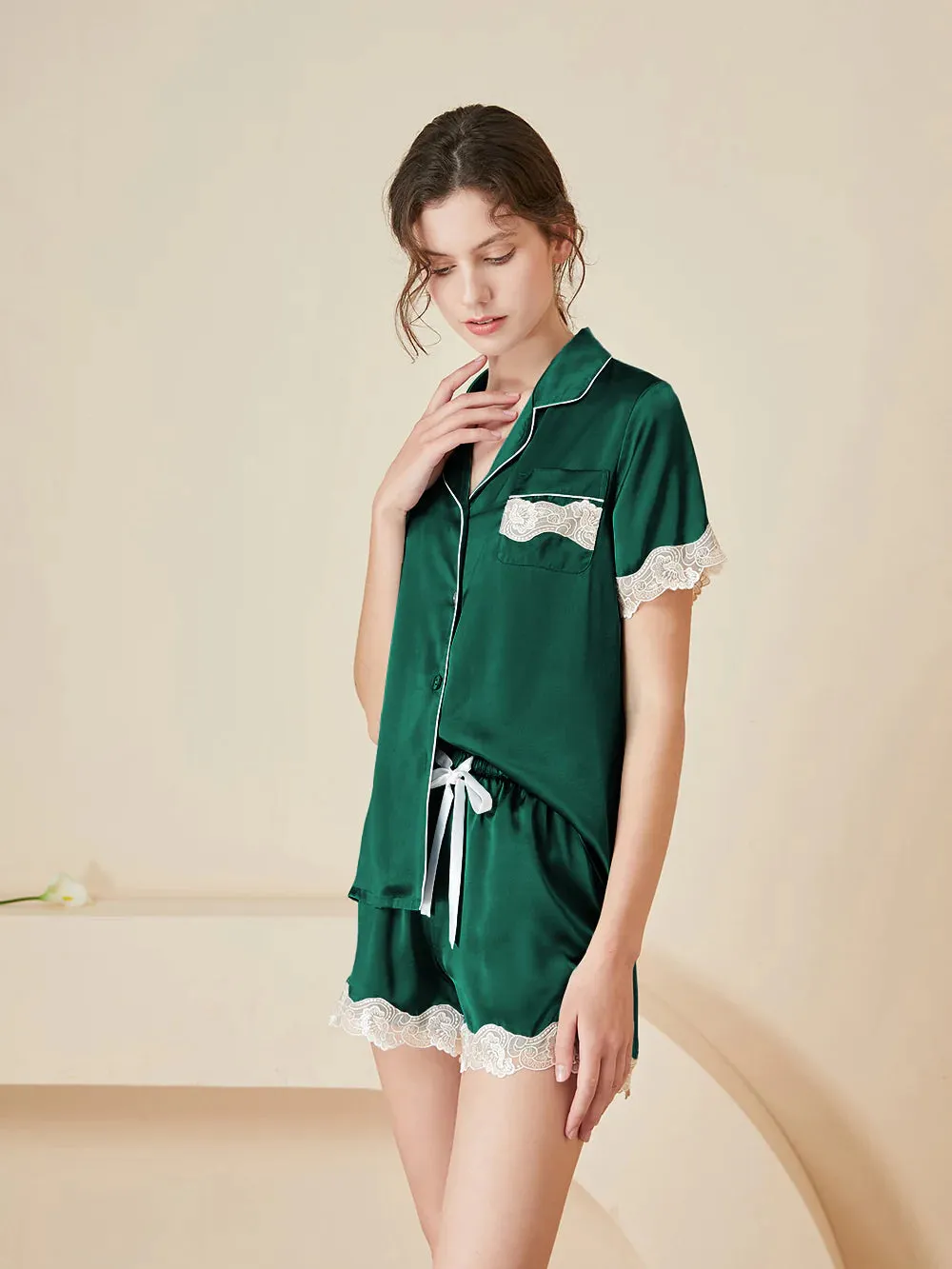 Women Silk Lace Short Sleeve Pajama Set