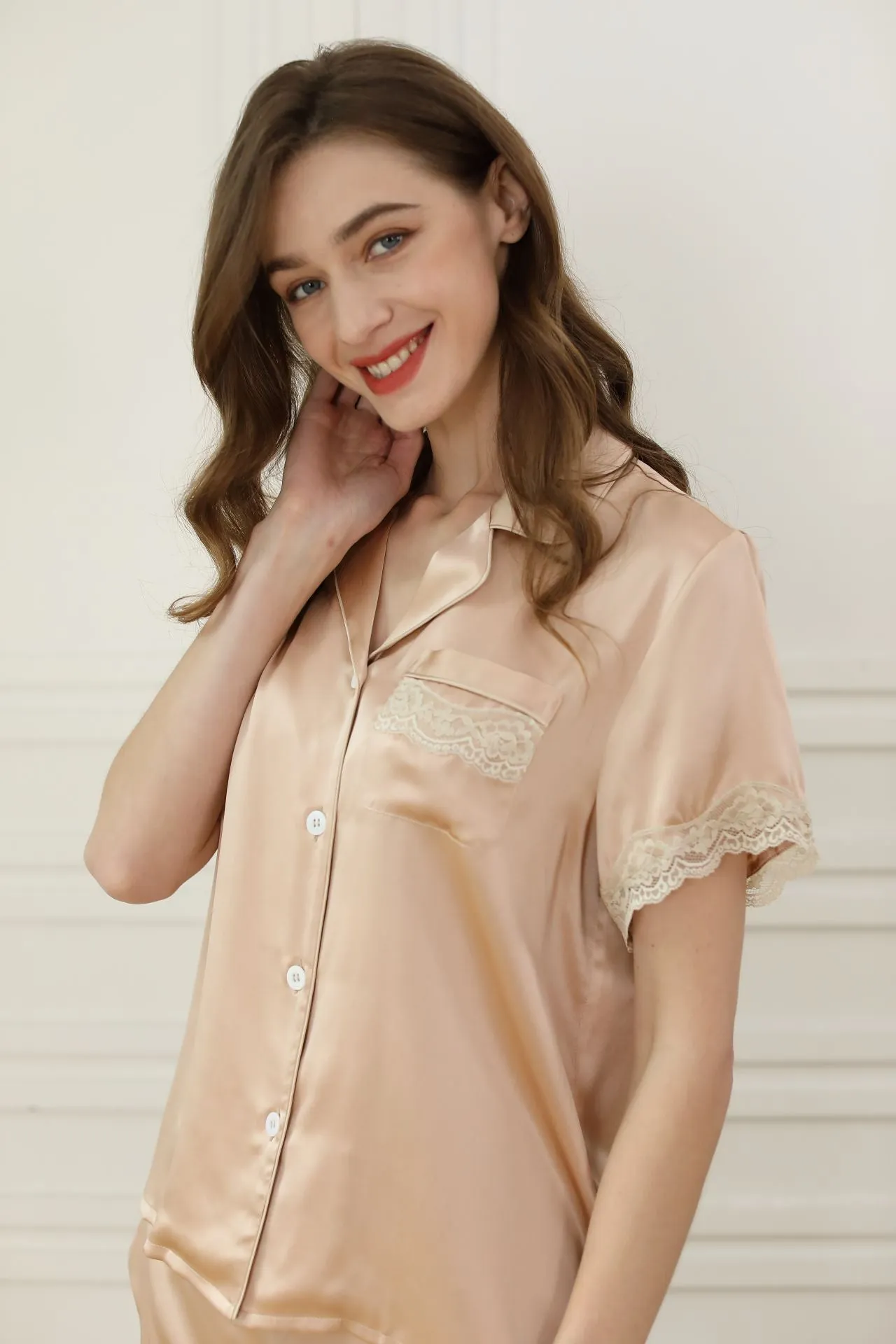 Women Silk Lace Short Sleeve Pajama Set