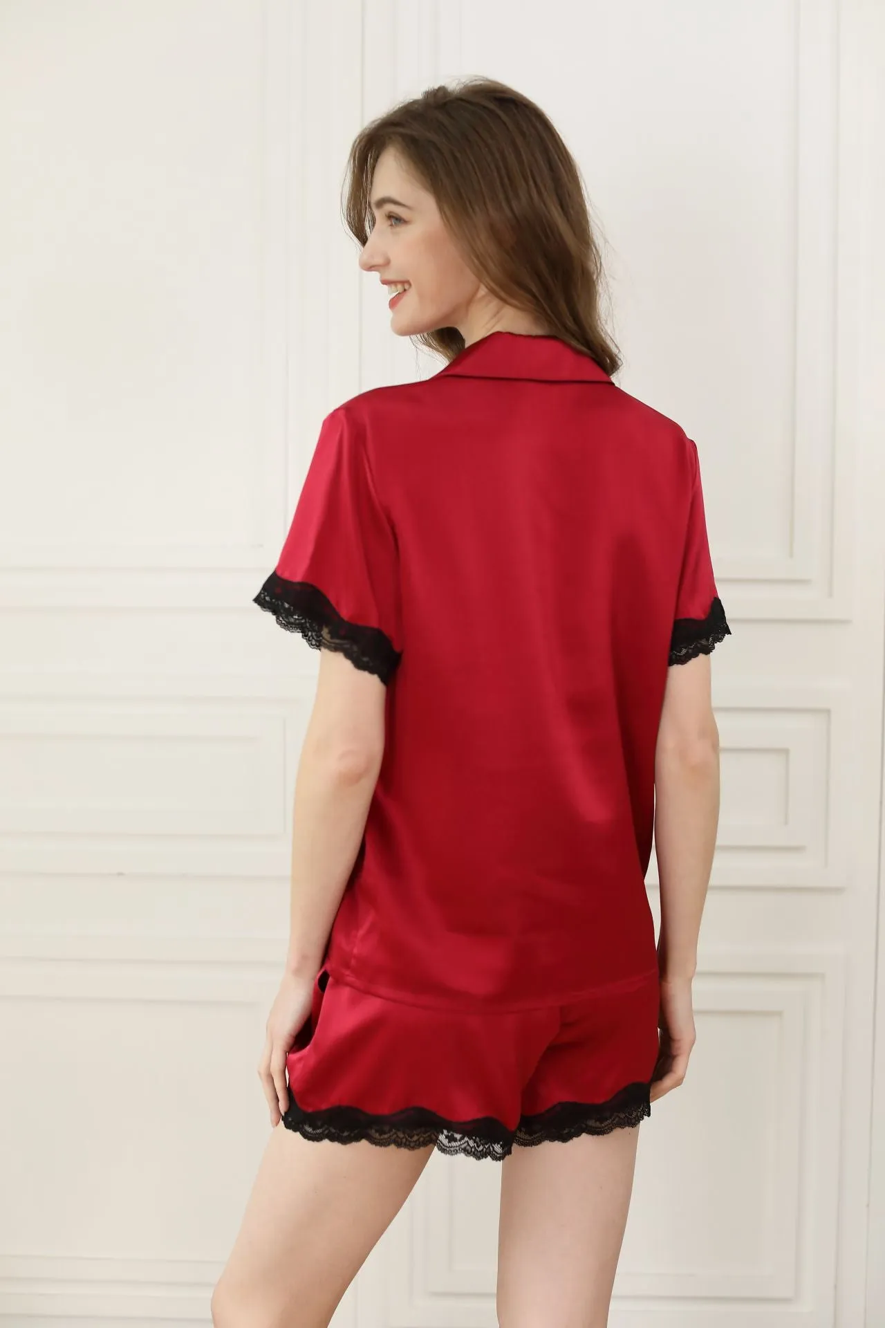 Women Silk Lace Short Sleeve Pajama Set