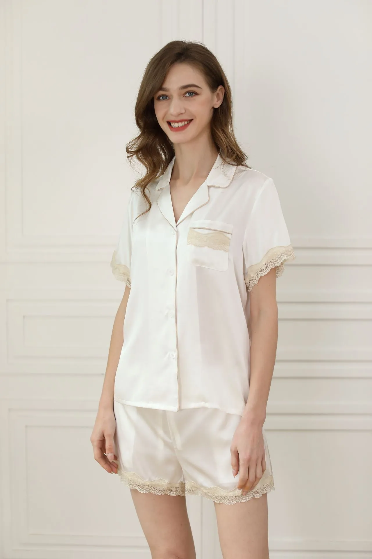 Women Silk Lace Short Sleeve Pajama Set