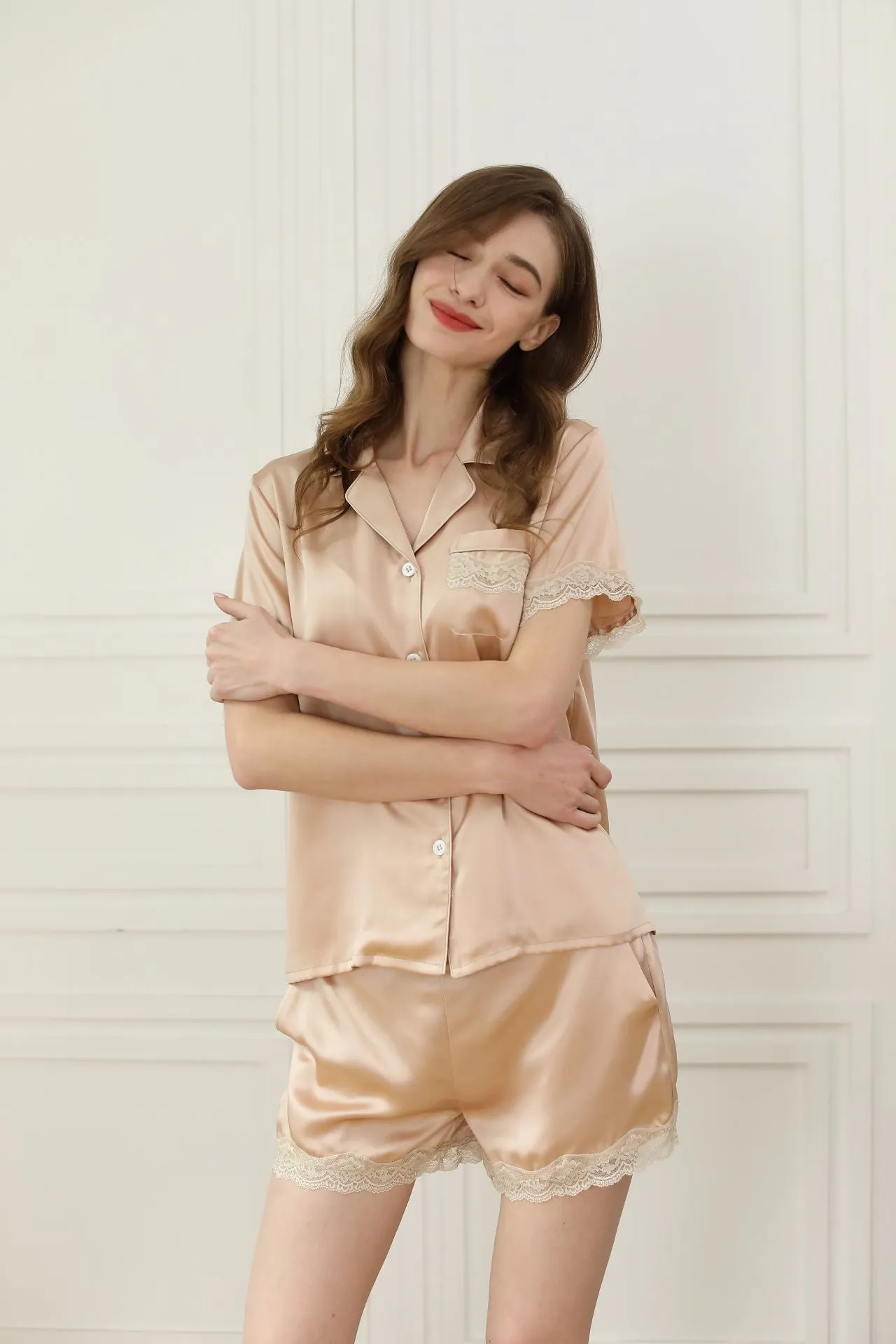 Women Silk Lace Short Sleeve Pajama Set