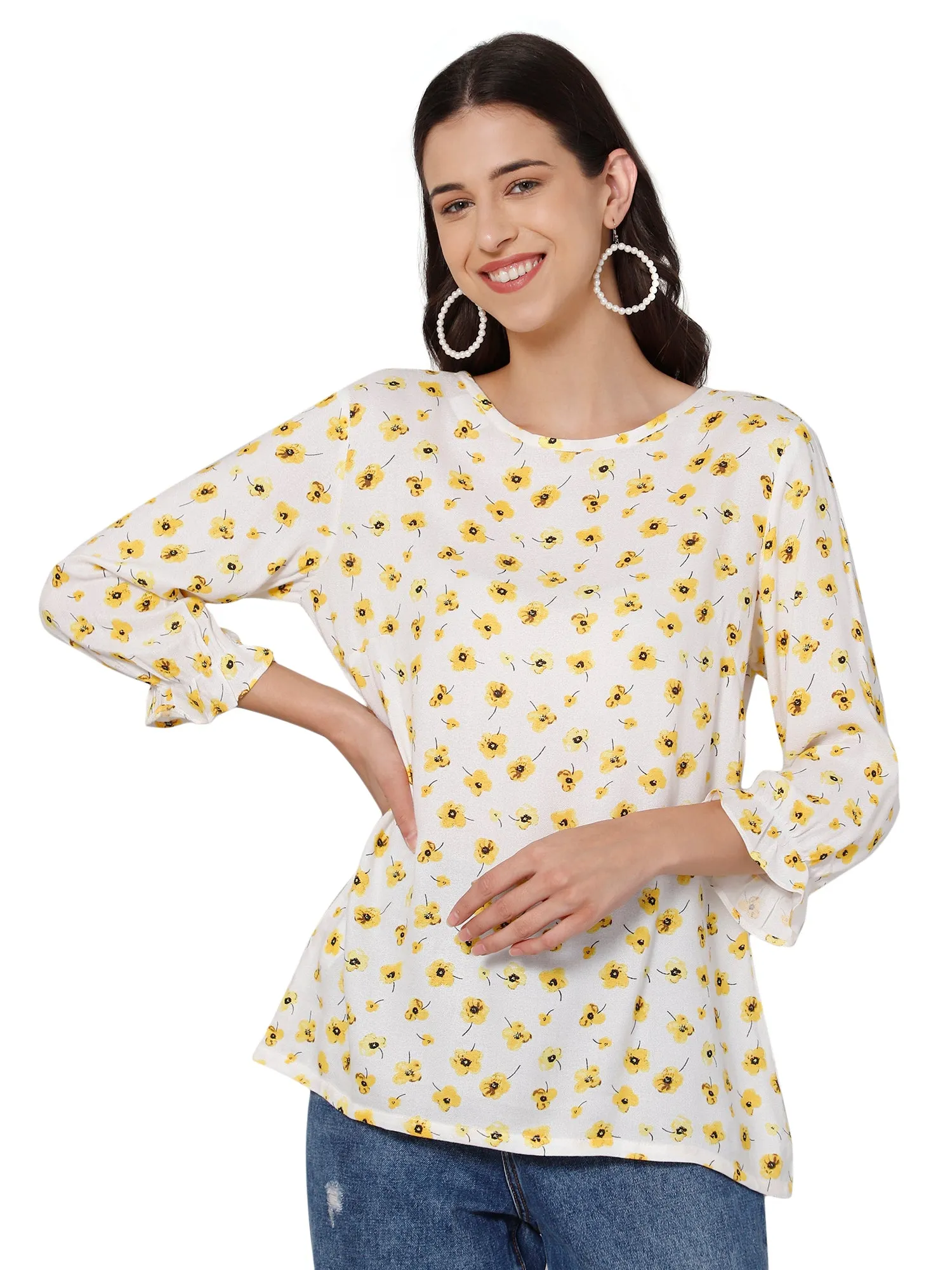Women's Casual  Yellow Floral Print Round neck Tunic