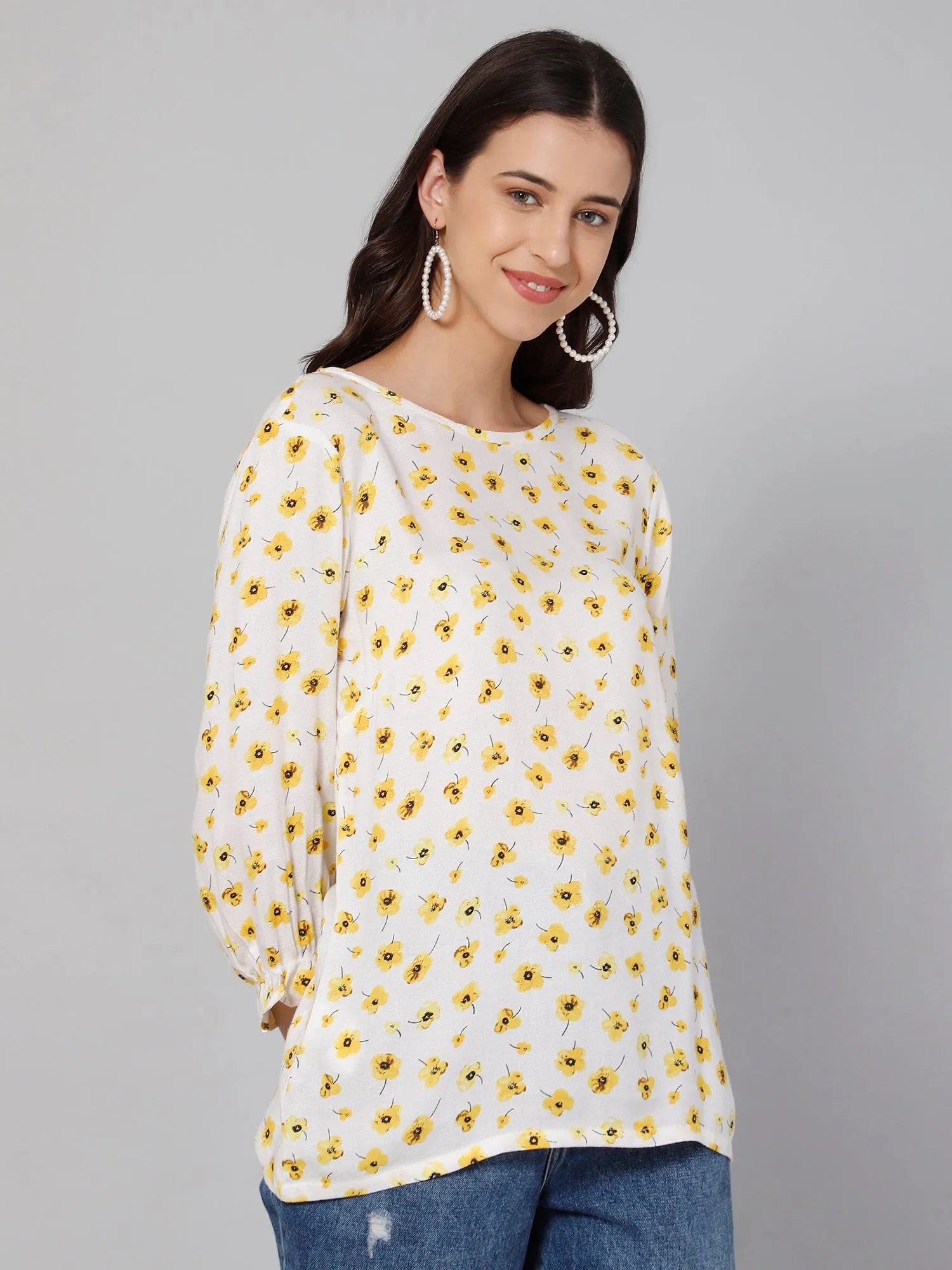 Women's Casual  Yellow Floral Print Round neck Tunic