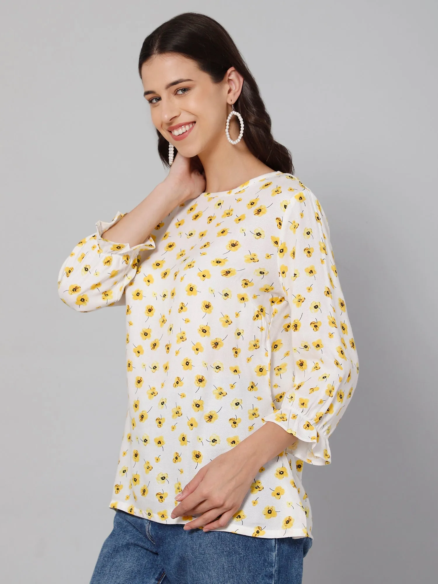 Women's Casual  Yellow Floral Print Round neck Tunic