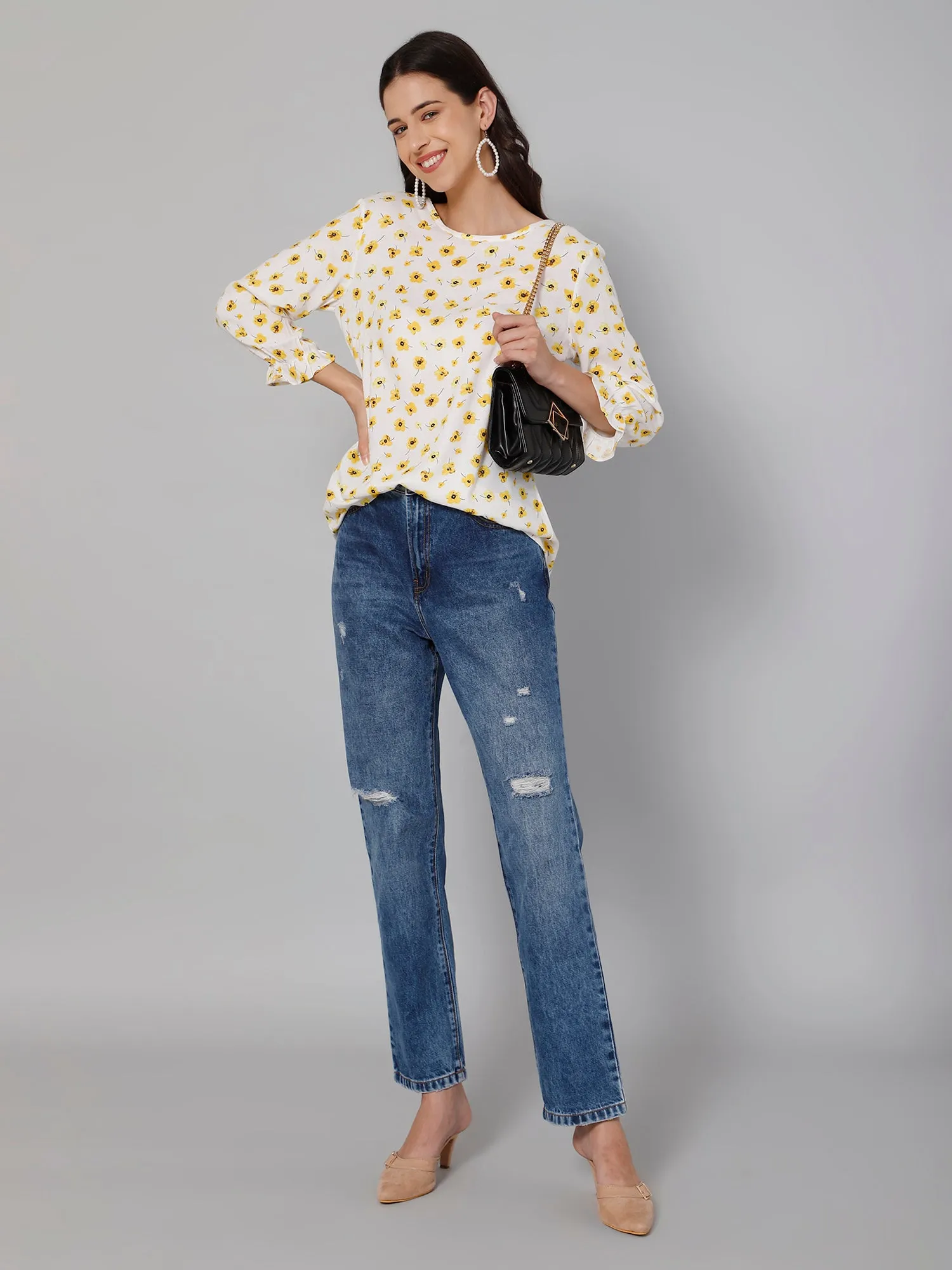 Women's Casual  Yellow Floral Print Round neck Tunic