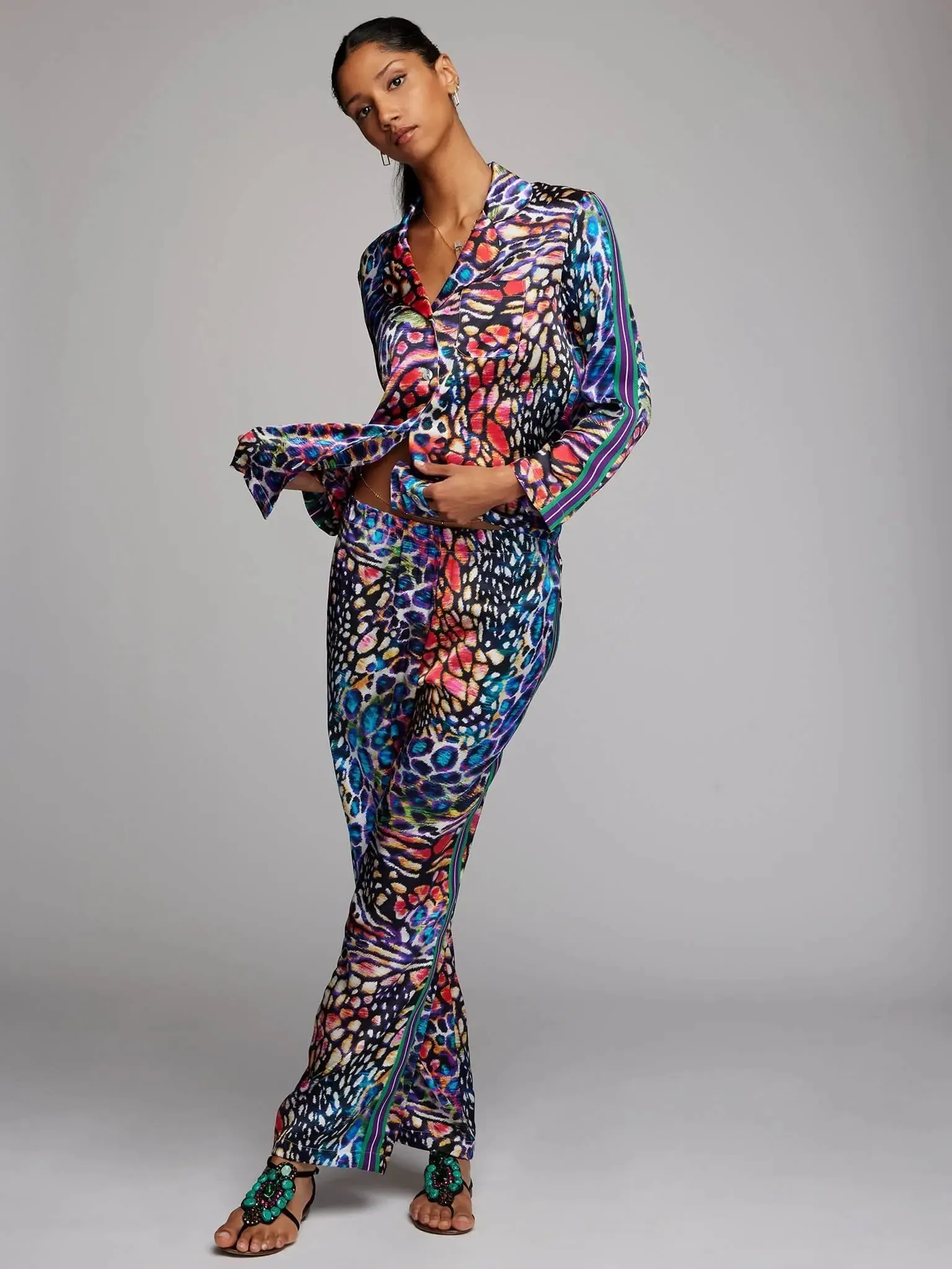 Women's Rainbow Leopard Silk Pajama Set With Stripe