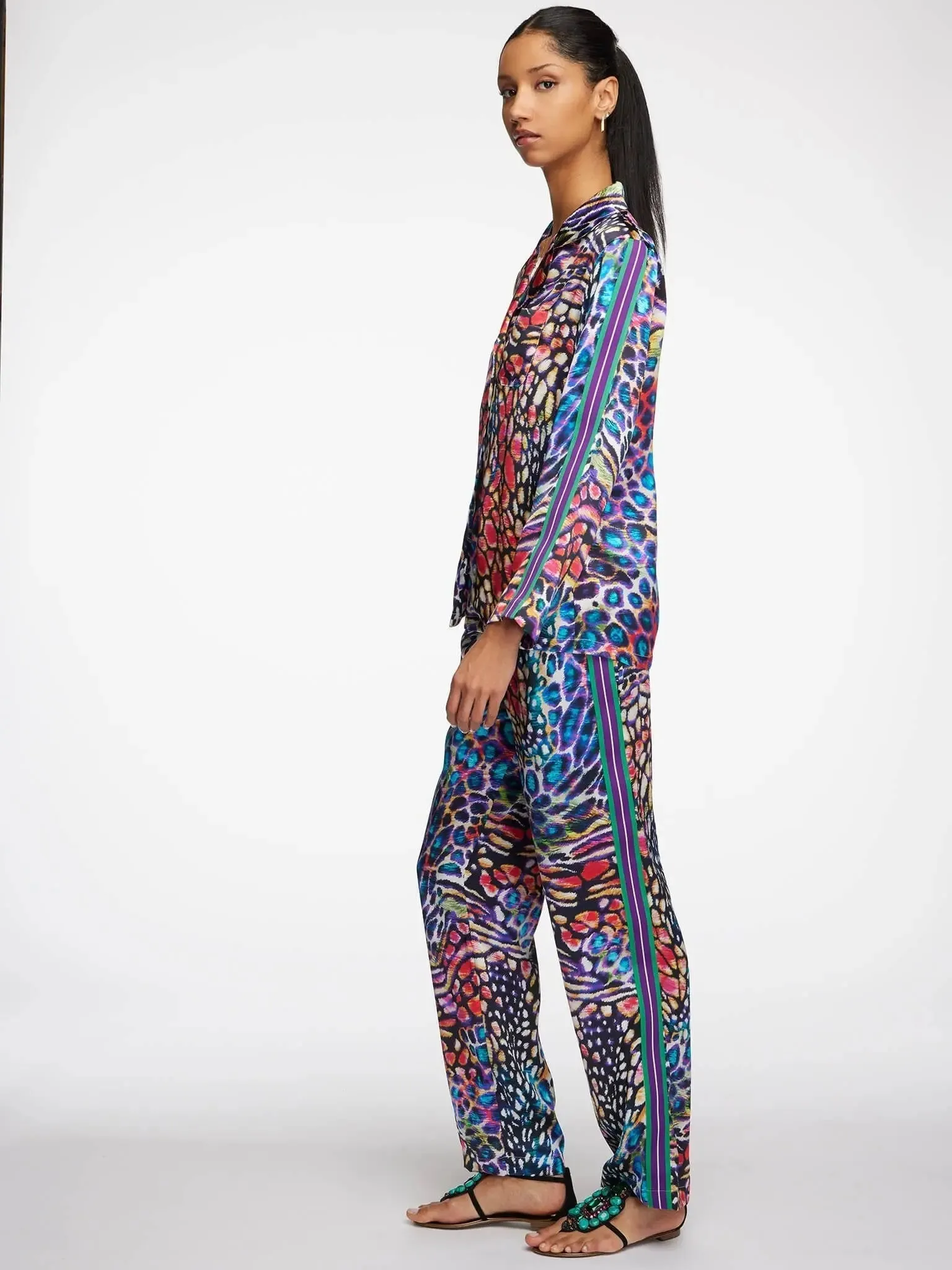 Women's Rainbow Leopard Silk Pajama Set With Stripe