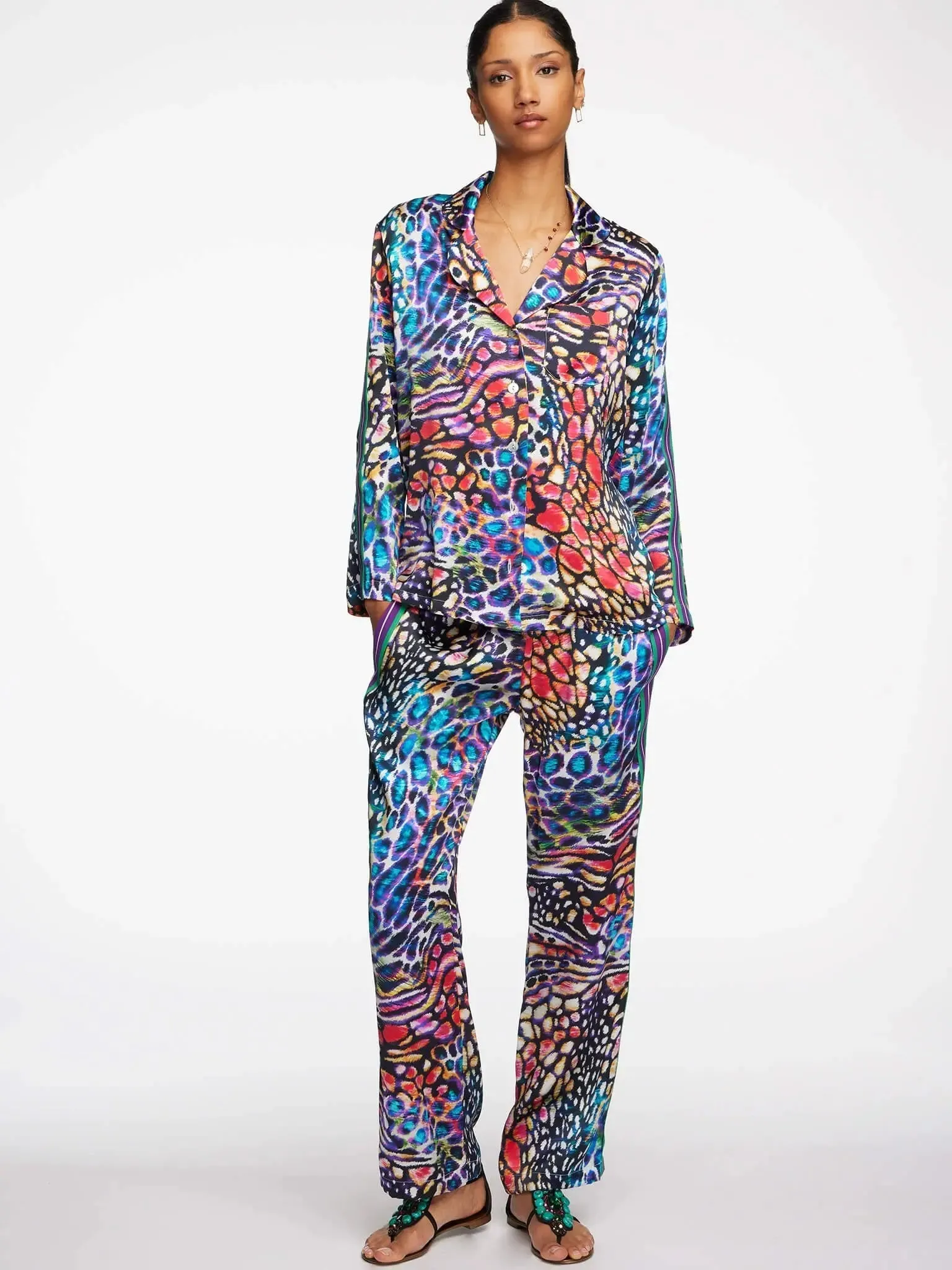 Women's Rainbow Leopard Silk Pajama Set With Stripe