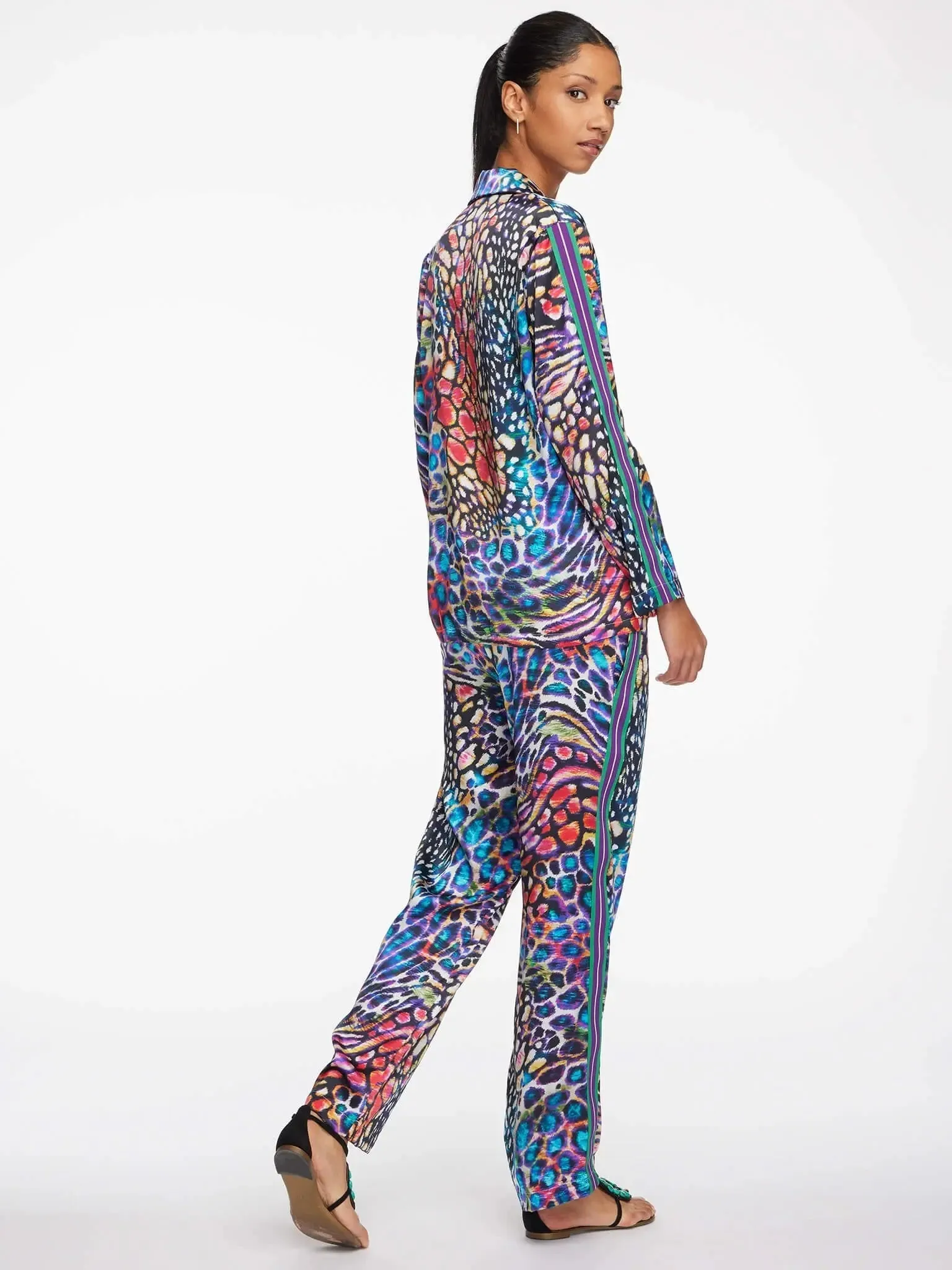 Women's Rainbow Leopard Silk Pajama Set With Stripe